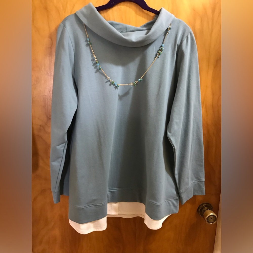 Blue Cowl Neck Layered look, Long Sleeve Top 1X